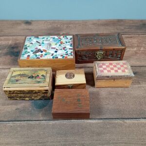Vintage Wooden Trinket Boxes Lot of 6 Ornate Carved Mosaic Chess Set
